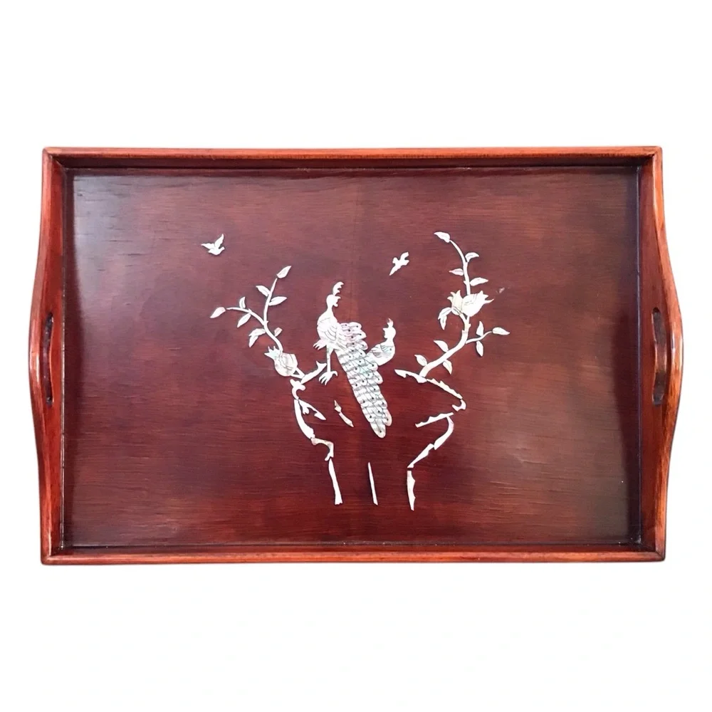 Asian Mahogany Shell Inlay Lacquer Tray Peacocks 17-1/2